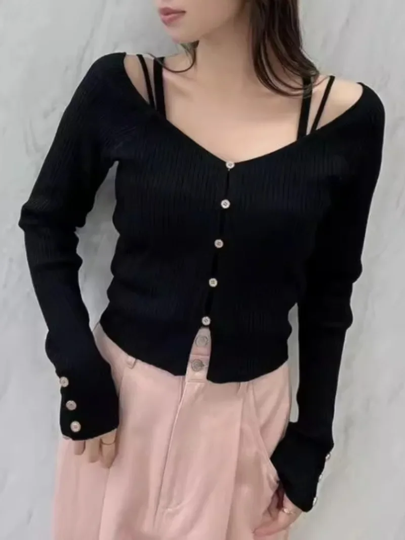 Fake Two Piece Cardigans Femme Feminino Sexy Sweater 2024 Spring New Ropa Mujer Japanese Knitwears Long Sleeve Knit Sueters