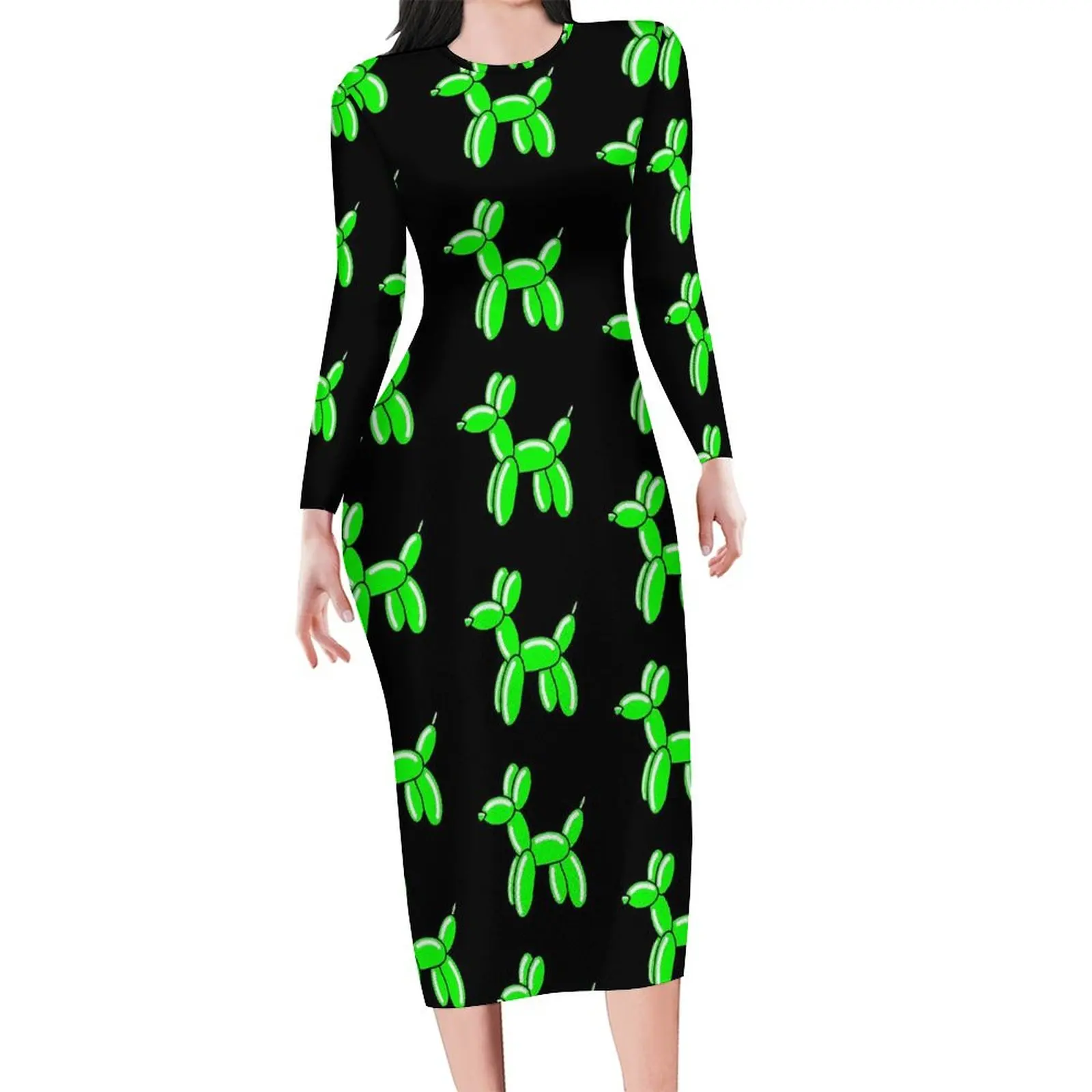 Vestido balão verde manga longa estampa animal vestidos estéticos verão elegante bodycon vestido feminino personalizado vestidos de grandes dimensões