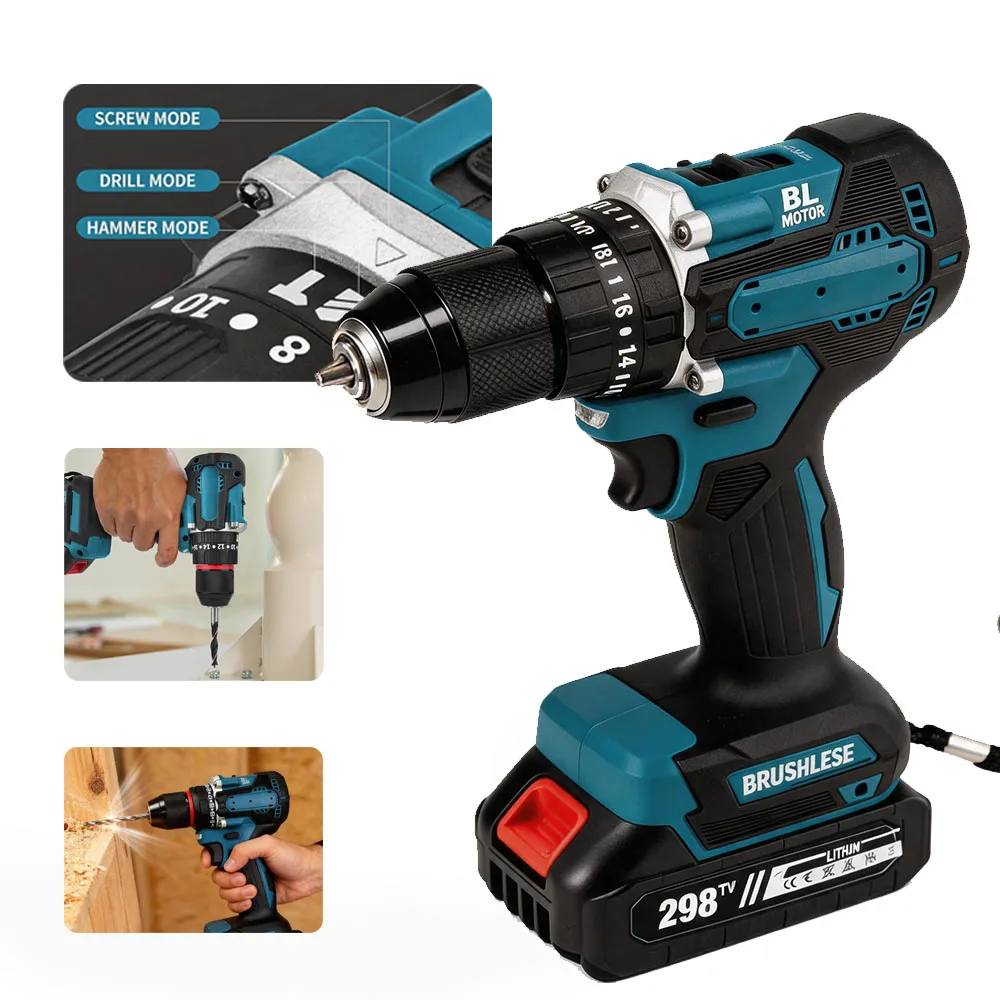 Taladro eléctrico inalámbrico sin escobillas, taladro de impacto de alto torque de 40N.m, destornillador eléctrico con 20+3 ajustes de torque, batería de 7500mAh, destornillador eléctrico multifuncional de 2200 RPM para taladrar madera, metal y hormigón, juego de herramientas eléctricas profesionales para bricolaje