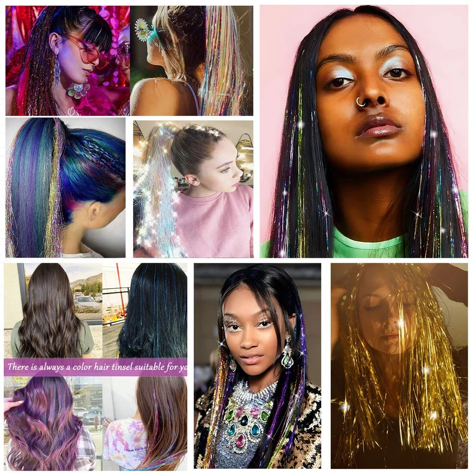 Tinsel de cabello brillante XINRAN de 100 cm, extensiones finas de colores arcoíris para trenzas y tocados 4
