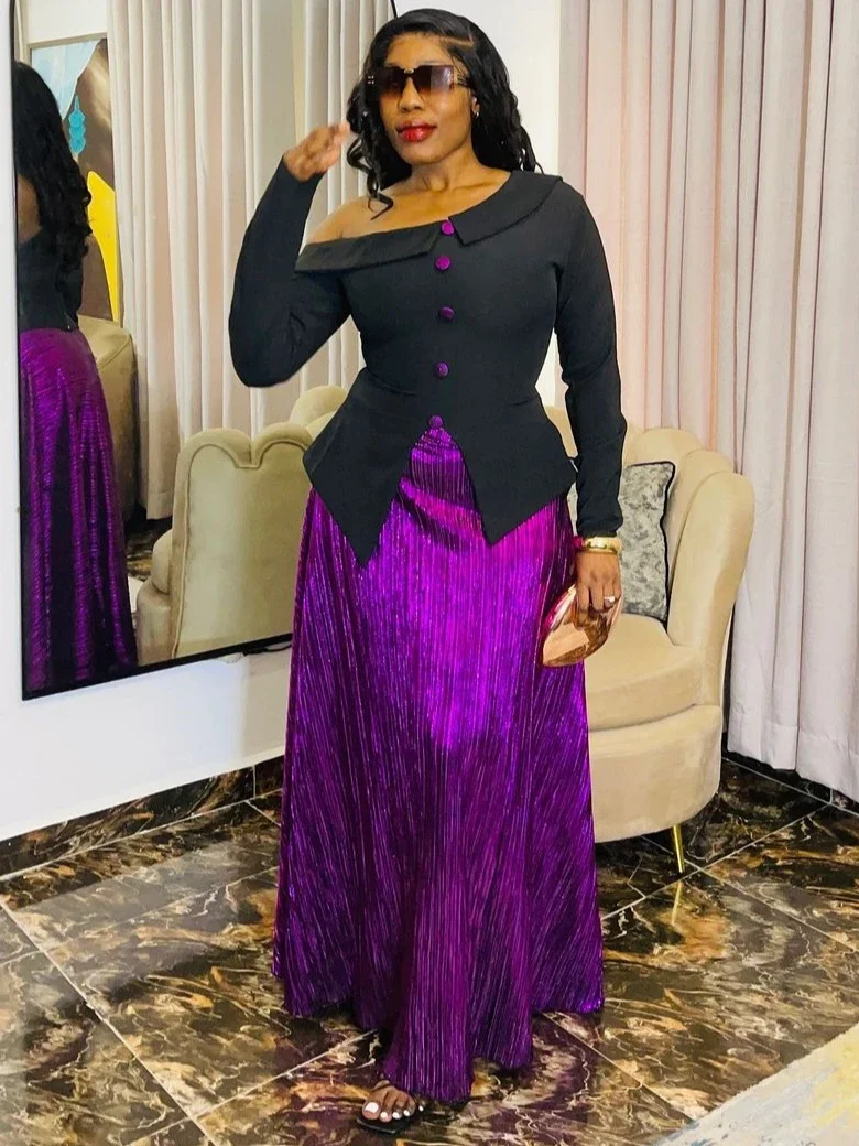 Elegant Feminine Temperament 2-piece Set Sexy Off Shoulder Button Top Purple Loose Long Skirt Wedding Party Skirt Two-piece Set