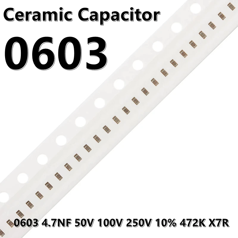 Smdセラミックコンデンサ、0603、4.7nf、50v、100v、250v、10% 、472k、x7r、1608、100個