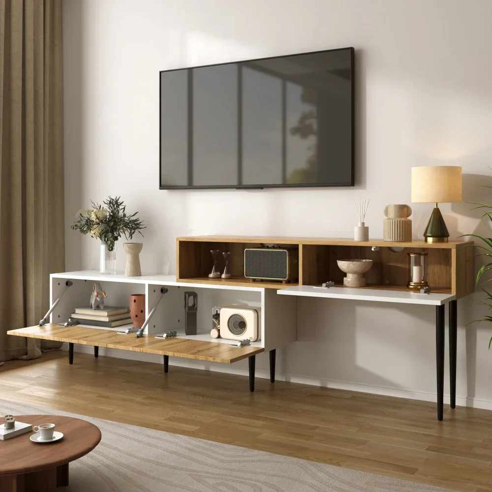 Moderner TV-Schrank mit verstellbarer Länge, Holzoptik + weiß matt, schwarze Metallbeine, multifunktionale Wohnzimmermöbel – Detail 4