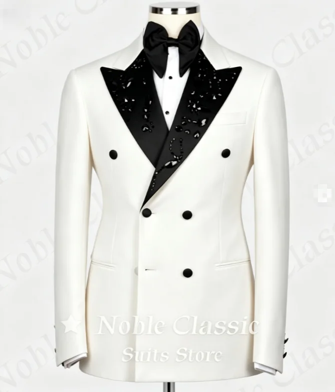 White Black Crystal Tuxedo Blazer Men Satin Shawl Lapel Double Breasted Slim Fit Formal Jacket For Wedding Groom Prom Customized