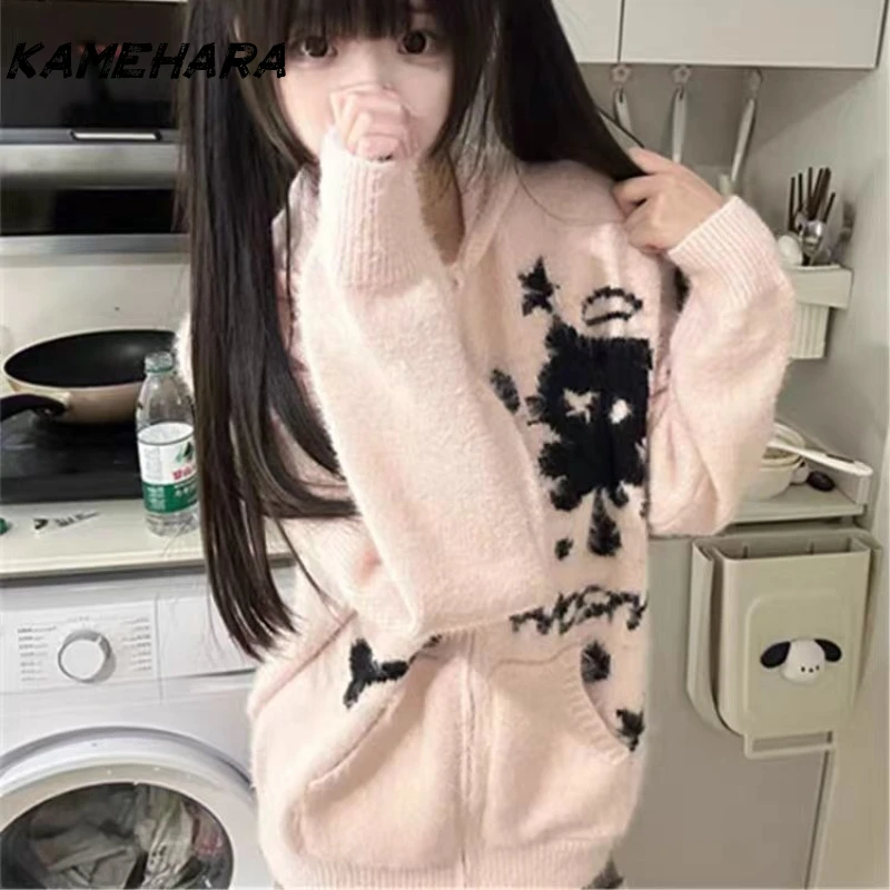 

KAMEHARA Y2k Harajuku Zipper Coat Gothic Cat Graphic Oversized Hooded Long Sleeved Jumper Kawaii Hot Girl Autumn Winter Sweaters