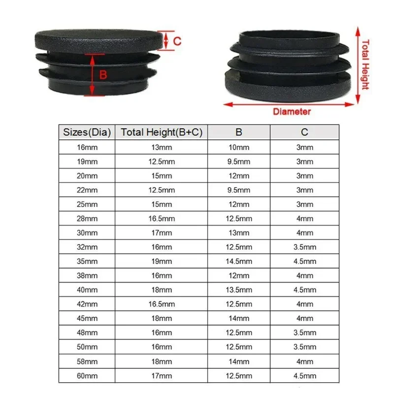 Tapas para patas de silla de 10-60mm, cubierta antipolvo con agujero interior, tapón para patas de muebles, Protector antideslizante para muebles