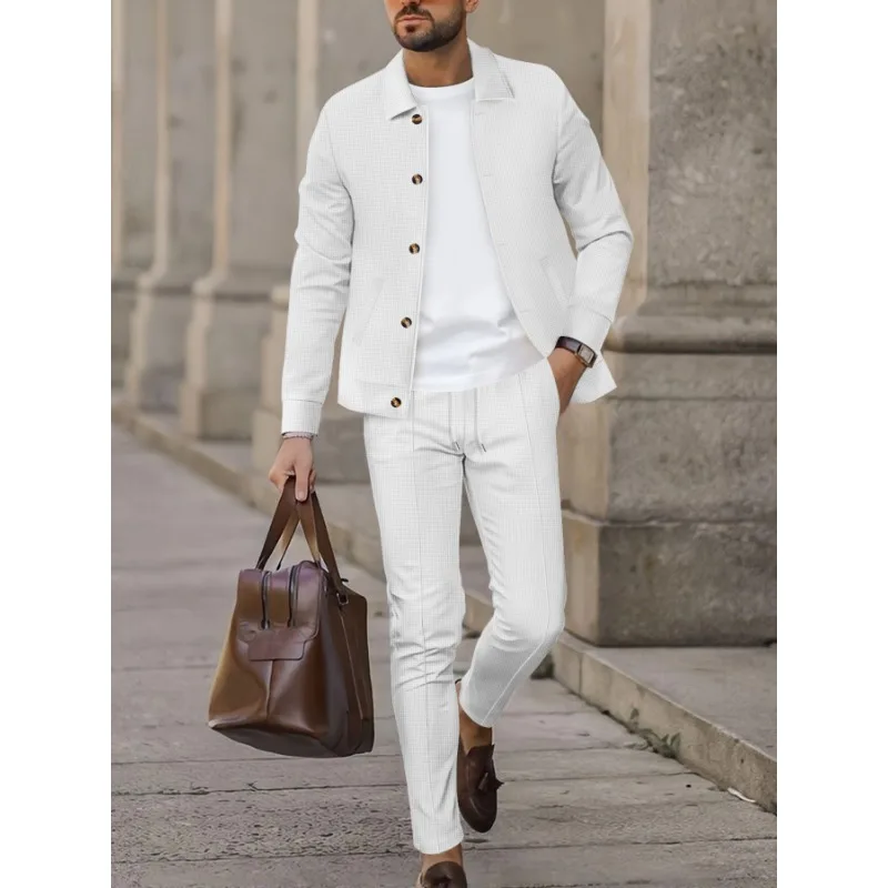 New Solid Color Lapel Single Breasted Top Jacket Waffle Men's Button Casual Sports Suit