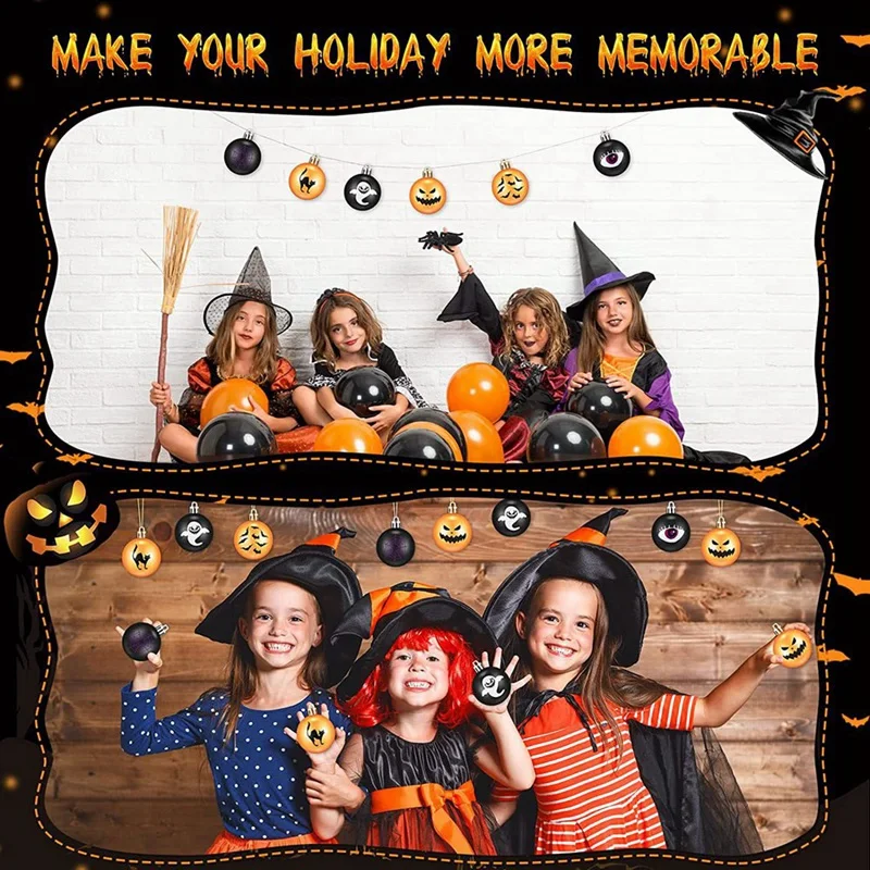 12Pc Halloween Tree Ball Oranment Ghost Spider Web Cat Printed Hanging Halloween Decor Hanging Glitter Ball Oranment Decorations