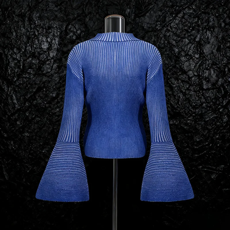 EAEOVNI Fashion Design maglione lavorato a maglia O collo manica svasata a righe streetwear camicetta top casual 2026 autunno inverno nuovi vestiti