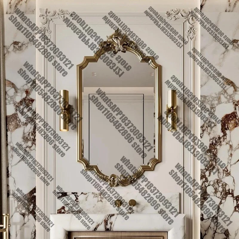 

French retro bathroom smart bathroom mirror wall-mounted gold engraving craft hand-washing countertop makeup mirror