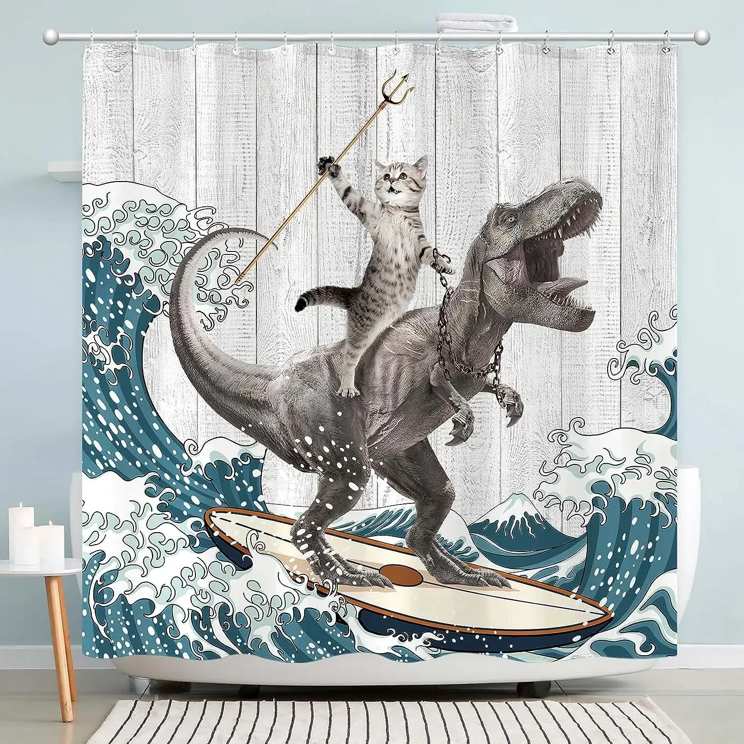 Funny Shower Curtain Brave Cat Cartoon Shower Curtain Waves Ocean Decor Fabric Shower Curtain Set with Hooks Bathroom Decoration