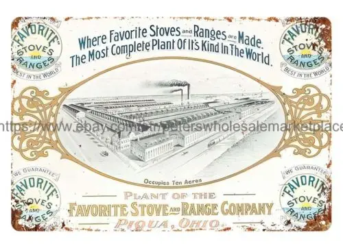 retro tins 1890s Favorite Stoves Ranges Factory Piqua, Ohio metal tin sign