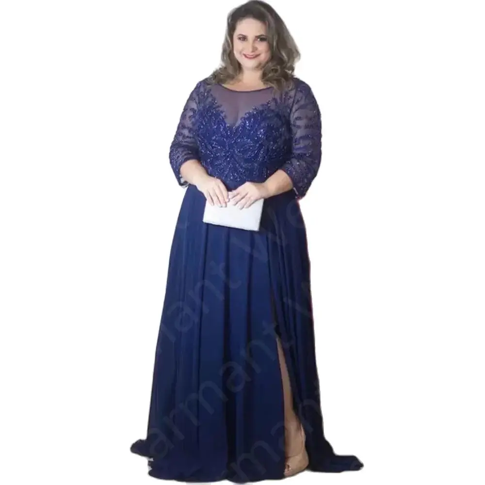 Robe mère de la mariée bleu marine, grande taille, quelle que soit la fente latérale, manches 2024, robes d'invité de mariage, 3/4