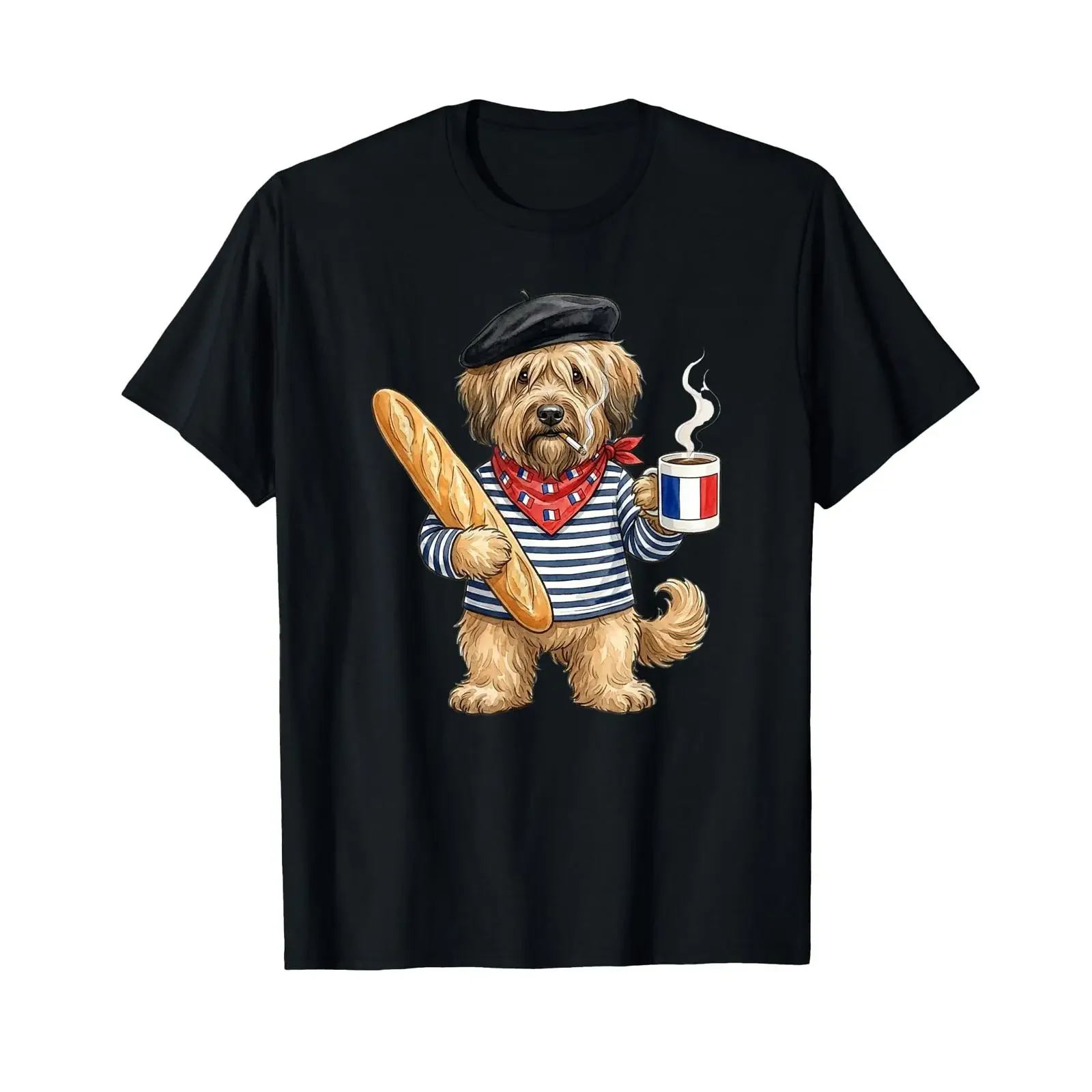Camiseta vintage con diseño de Barbet, perro pescador, café y bandera de Francia, unisex, ligeramente a la moda, para uso diario.