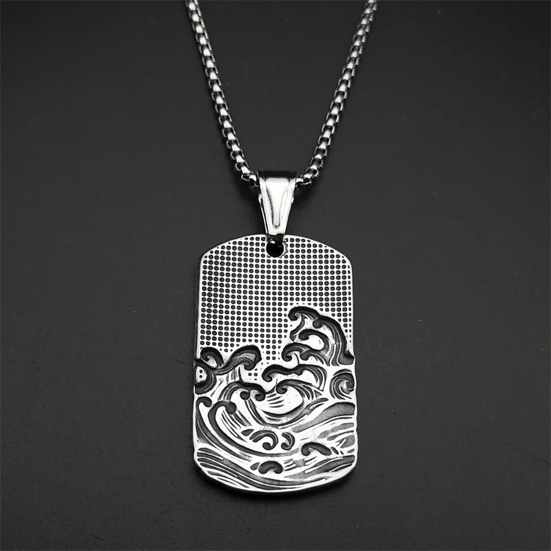 Sea Wave Dog Tag Pendant Necklace for Women Men Gold Silver Color Stainless Steel Male Hip Hop Chain Geometric Jewelry Gift