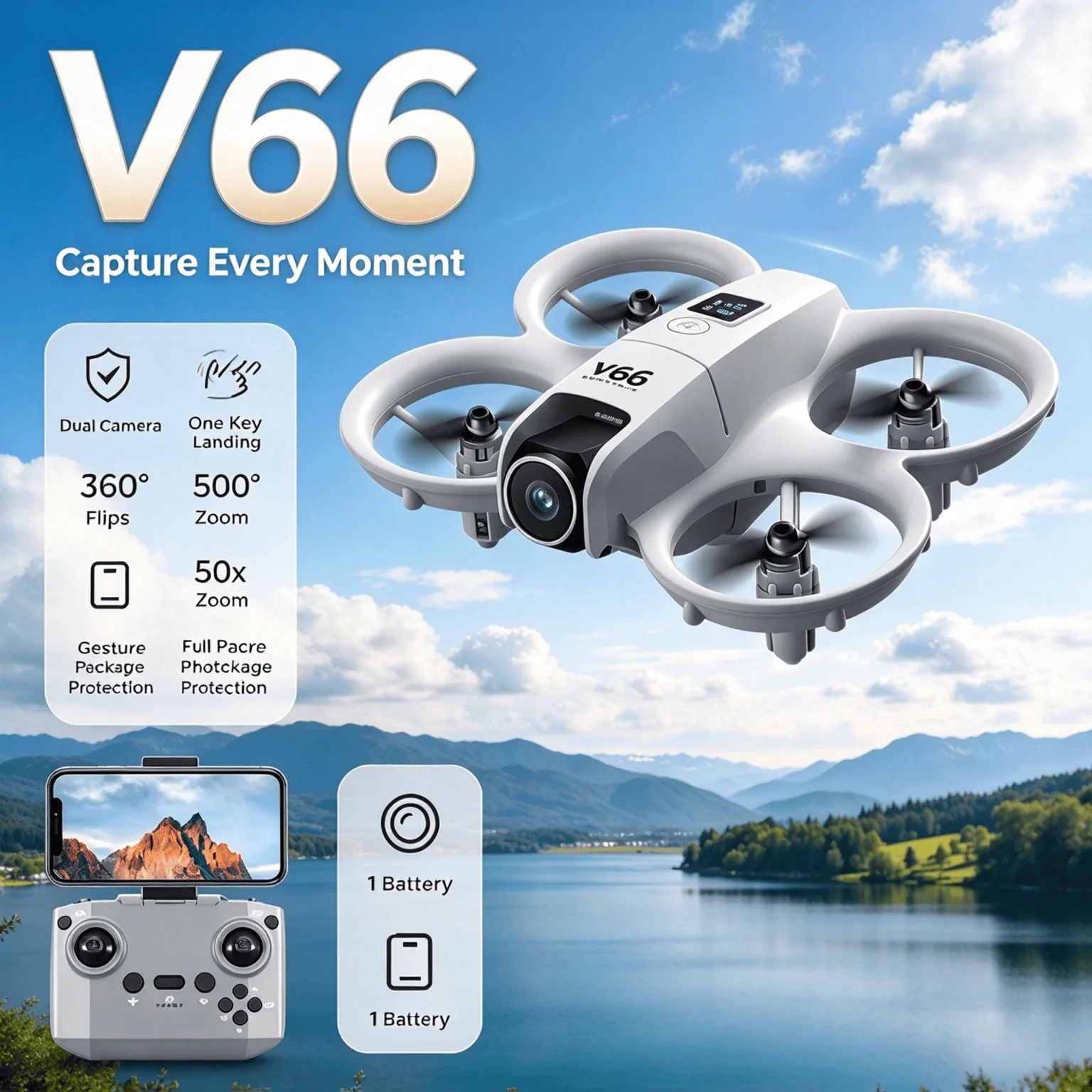V66 HD Drone 180° Adjustable 4K 6K 8K Camera 50x Zoom 120° Wide Angle Optical Flow Hover Capture Every Moment Max Pro Plus