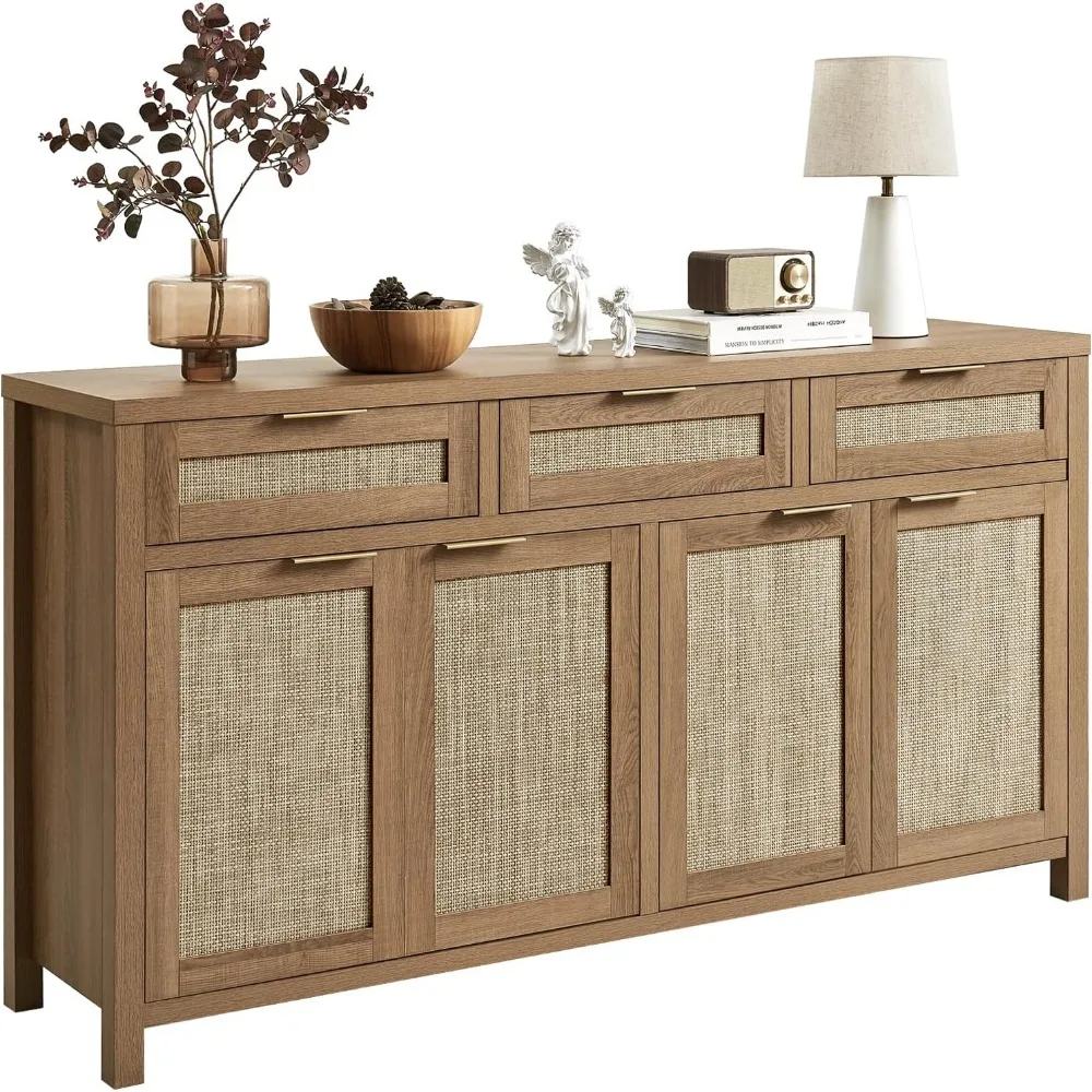 

Rattan Sideboard Buffet Cabinet, Boho Storage Cabinet with Adjustable Shelves, Farmhouse Credenza Coffee Bar Cabinets with 4 Doo