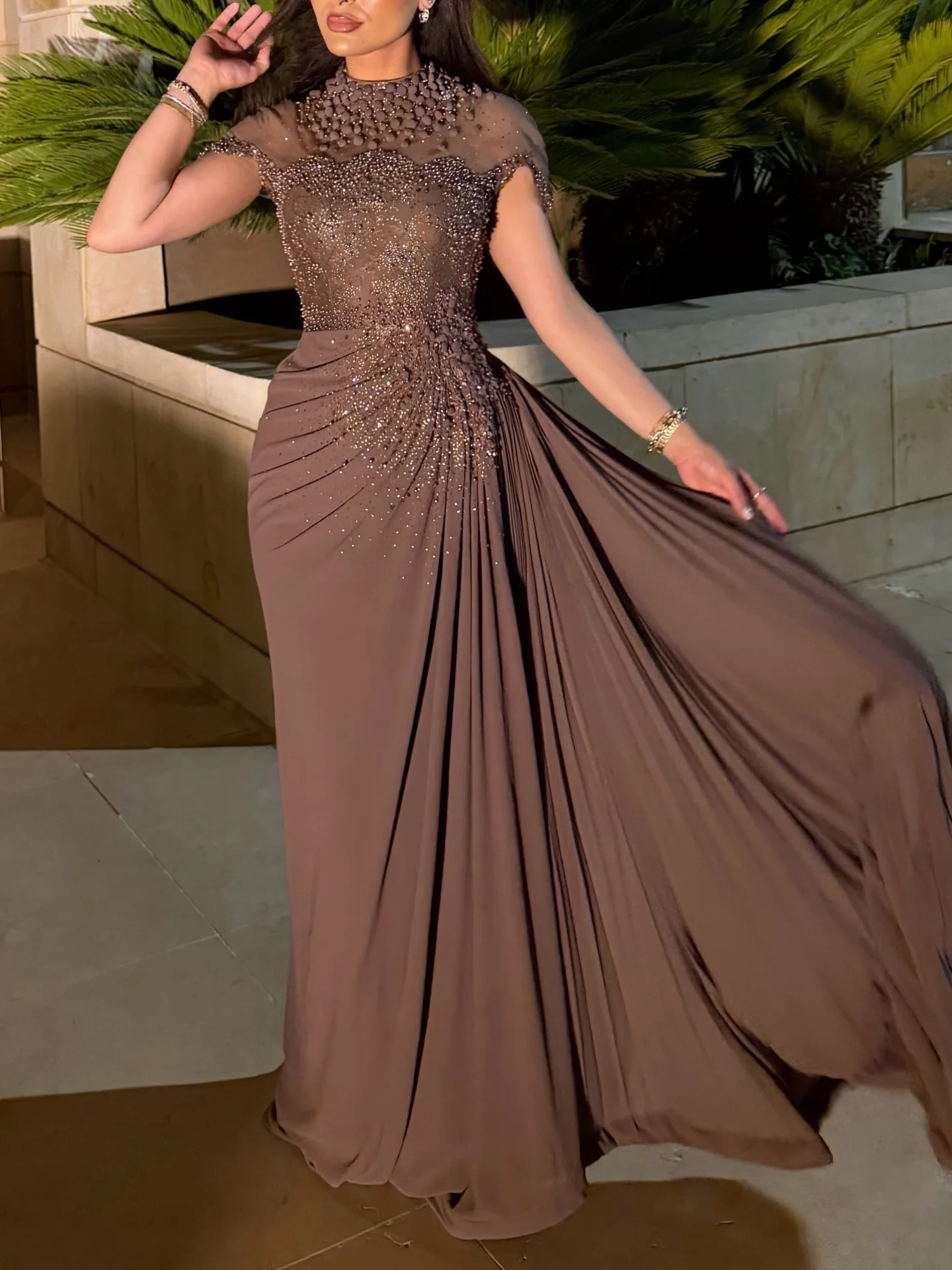 Fantasy Exquisite Brown Evening Dresses Lace Beaded Short Sleeves Party Dress Elegant Ruched Prom Gown Chic Vestidos Customized image 2