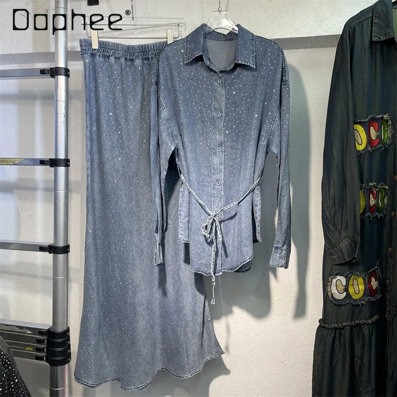 

High-end Rhinestone Lace-up Slim Long Sleeve Denim Shirt Sets Women Elastic Waist Half-length Skirt Trendy Casual Two-piece Set