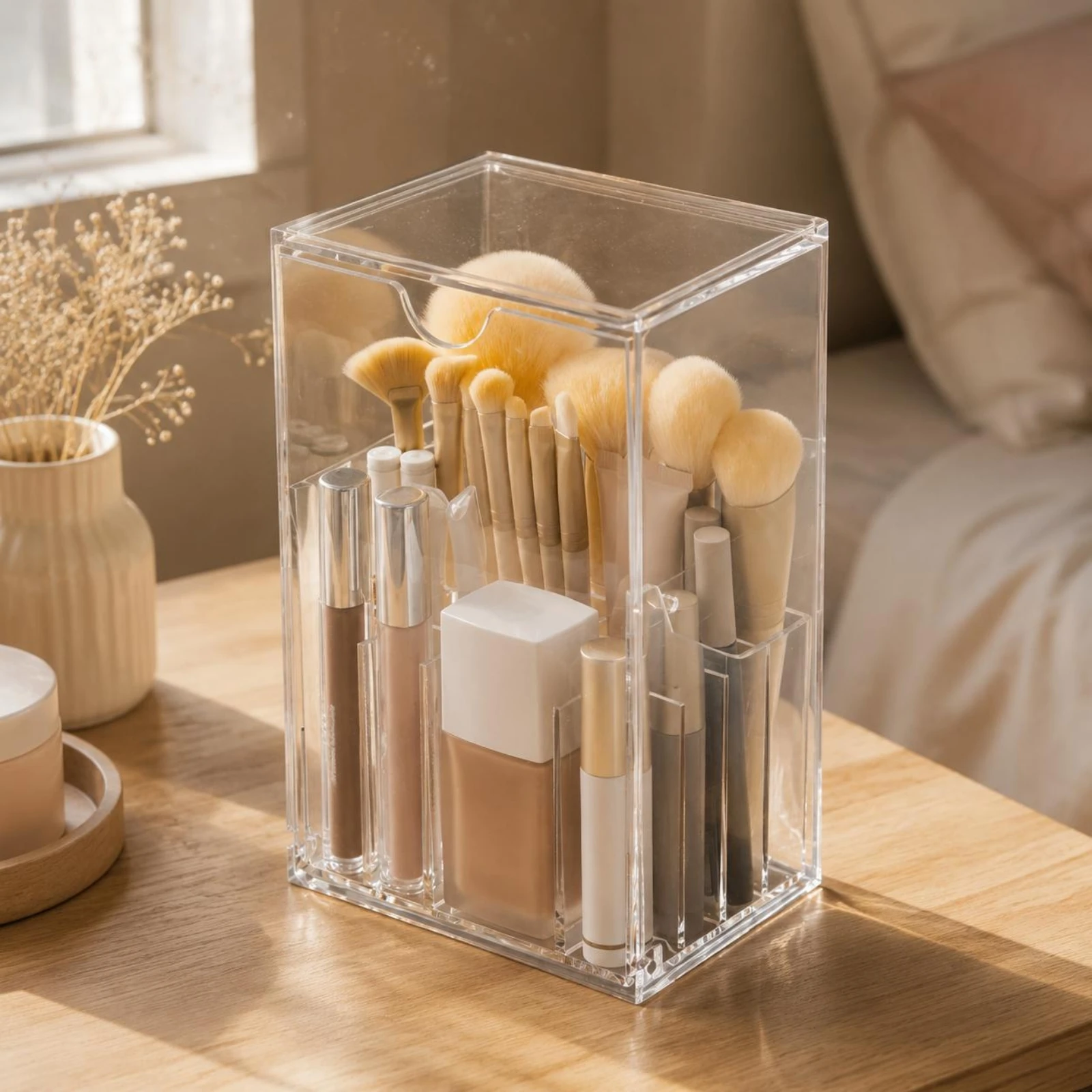 Acrylic Makeup Brush Holder Compartment Design Makeup Brush Holder Beauty Storage Easy to Space-savingSaving for Dressing Table