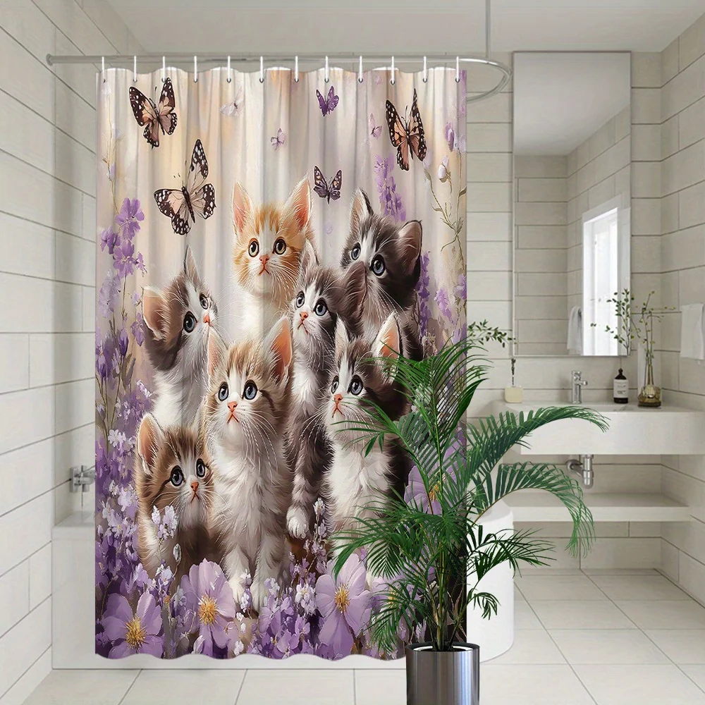 

Очаровательная занавеска для душа с котятами, дизайн с фиолетовыми цветами и бабочками, водонепроницаемая ткань, уникальный декор для ванной комнаты для любителей кошек