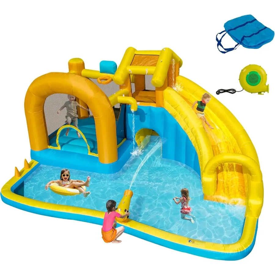 어린이용 에어 슬라이드, 대형 수영장과 긴 슬라이드가 있는 물놀이 공원, 등반 기능이 있는 에어 바운스 하우스