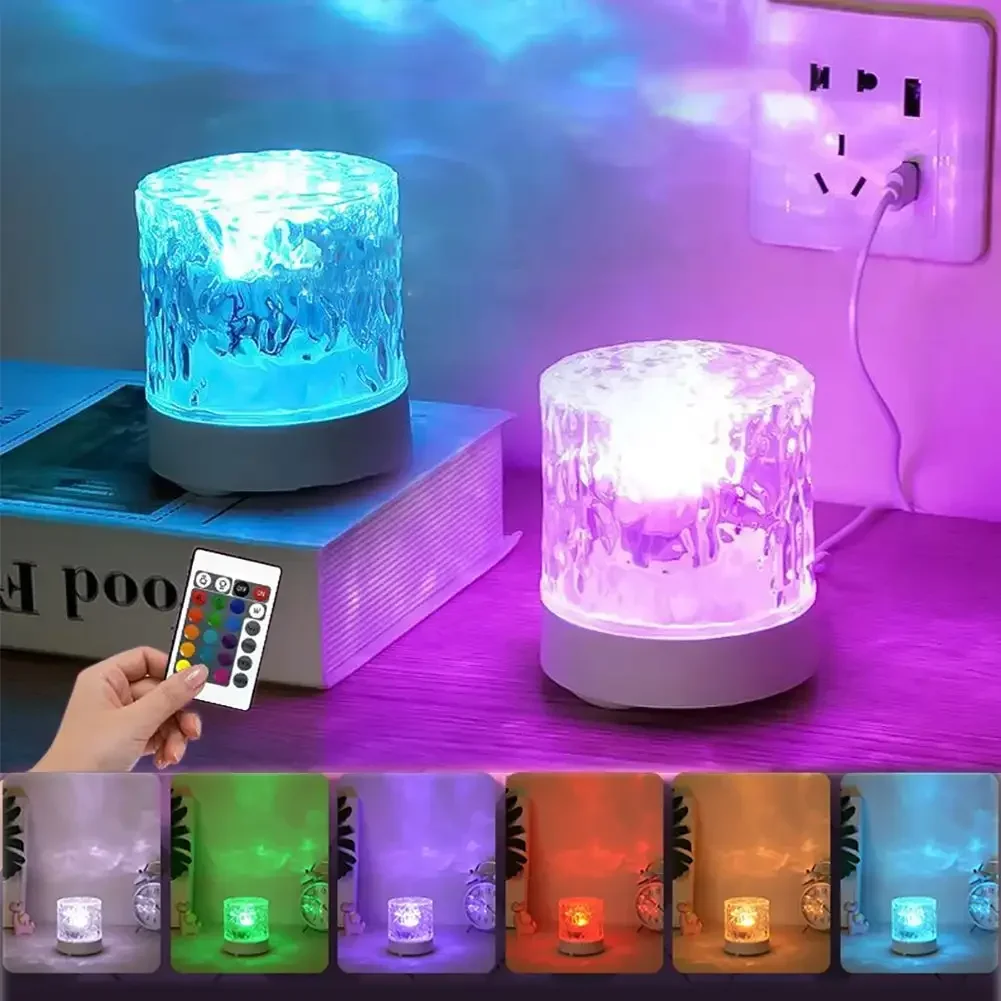 LED 물 잔물결 분위기 야간 조명, USB 회전 프로젝션 크리스탈 테이블 램프, RGB 조도 조절, 침실 침대 옆 게임 룸 선물