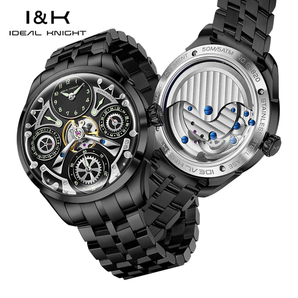 IDEAL KNIGHT TOP Brand Watch Men Skeleton Black Stainless steel 43mm Large Dial Automatic Mechanical Men's Watch Waterproof