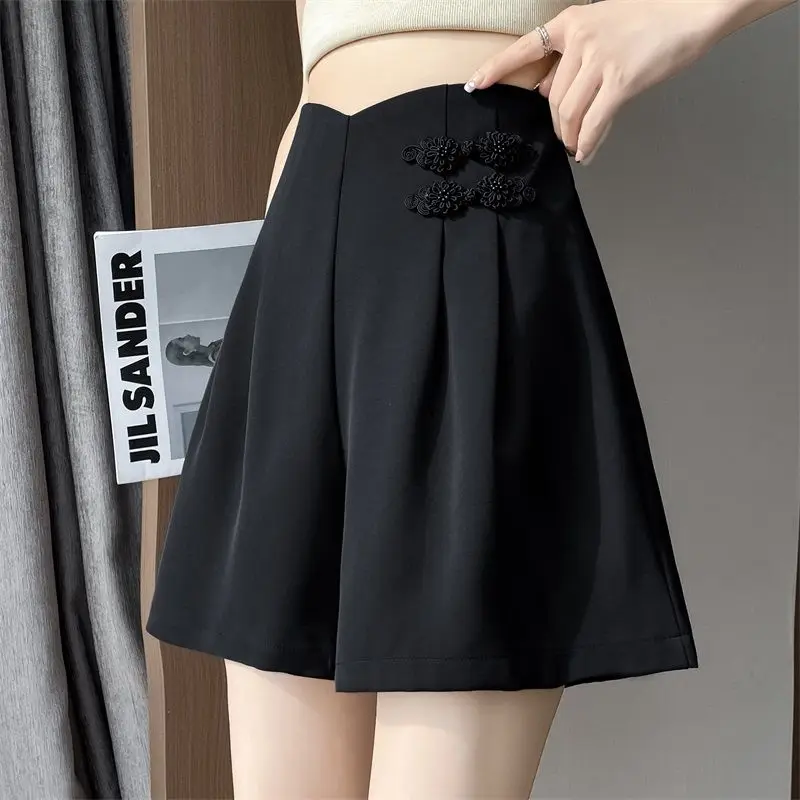 New Summer Chinese Style Women Clothing Wide Leg Pants Female Office Simplicity Buttons High Waist Solid Color Pants JJ730