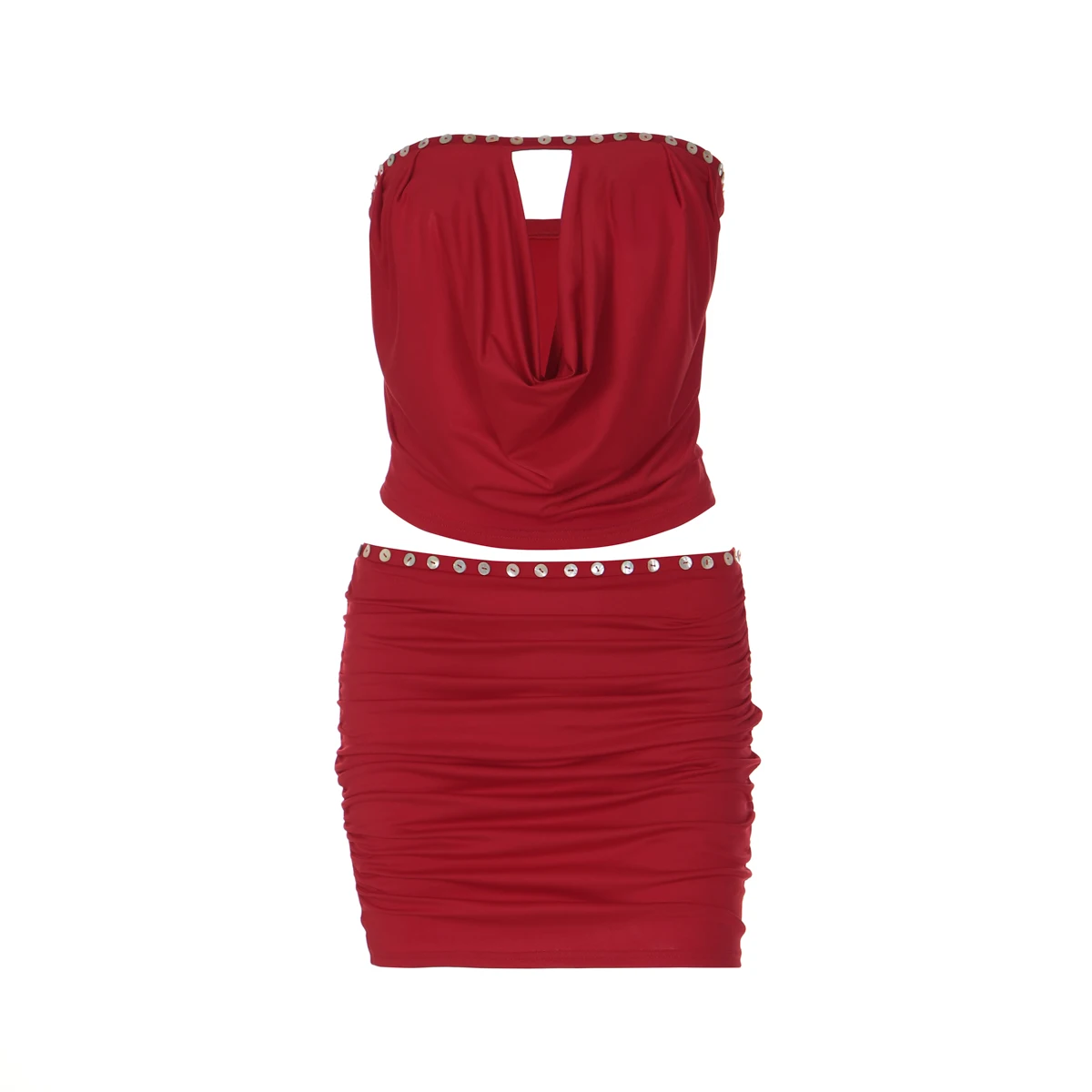 Hugcitar Fashion 2-teiliges Set, trägerlos, einfarbig, mit Knöpfen, Dekoration, sexy Crop-Tank-Top, Rock, Sommer-Outfit für Damen, Strandurlaub – Detail 11