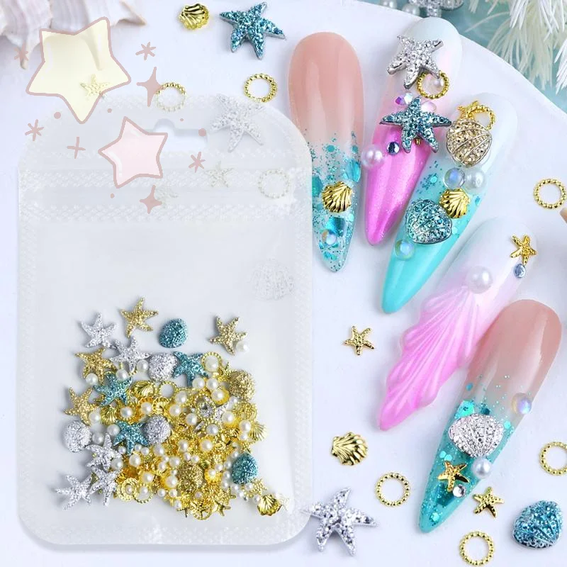 Summer Ocean Nail Charms 3D Metal Resin With Pearls Decoration Gold Silver Blue Shell Starfish Rivet Jewelry Nail Art Accessorie