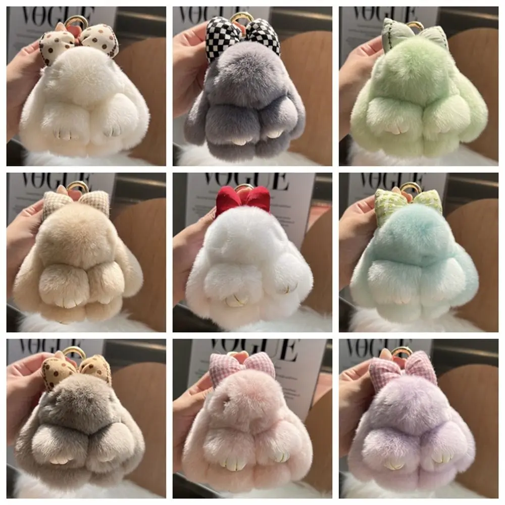 Hair Bow Rabbit Fur Keychain Cute Fluffy Plush Dolls Bunny Keychain Alloy Ring Keyholder Plush Rabbit Key Ring Couple Pendant