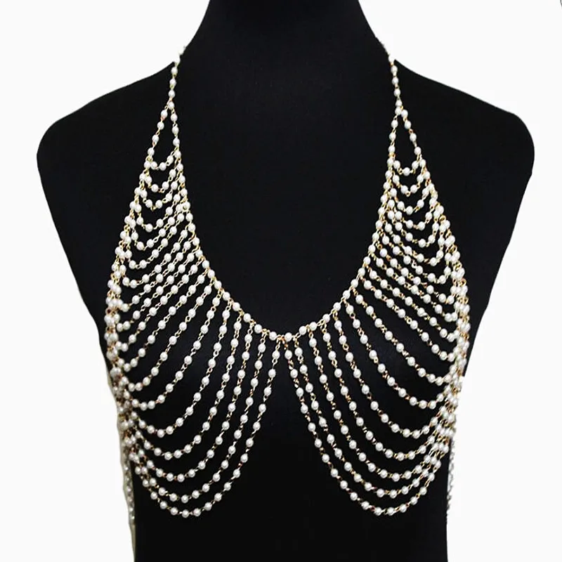 

Pearl beaded chest chain body chain, metal chain optional, European and American jewelry