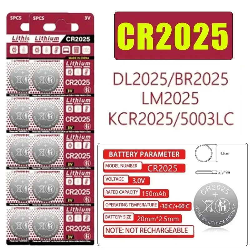 Lithium Coin Cell Battery CR2025 3V 150mAh Button Cell DL2025 ECR2025 BR2025 For Watch Remote Key Fob Replace