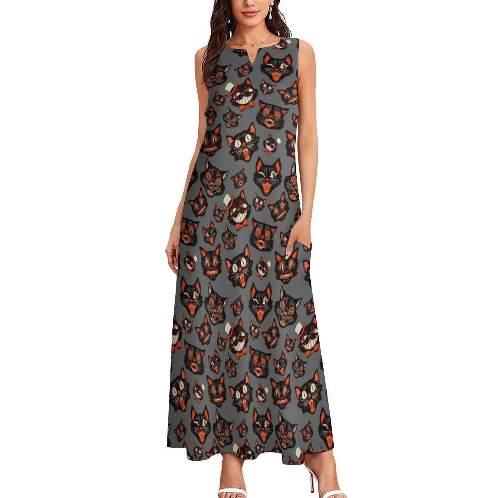 Retro Vintage Halloween Black Cat Faces Pattern - GRAY Background Long Dress dress for women 2024 summer outfits for women 2024