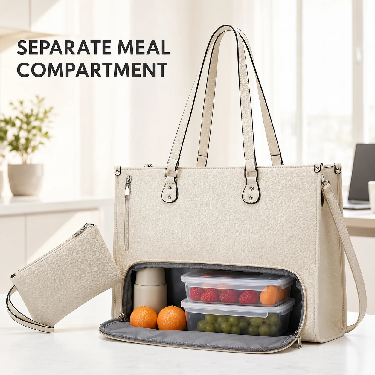 Women Laptop Lunch Tote Bag 2 in 1 PU Leather Work Handbag with Separate Food Compartment for Office Teacher Nurse Commuting