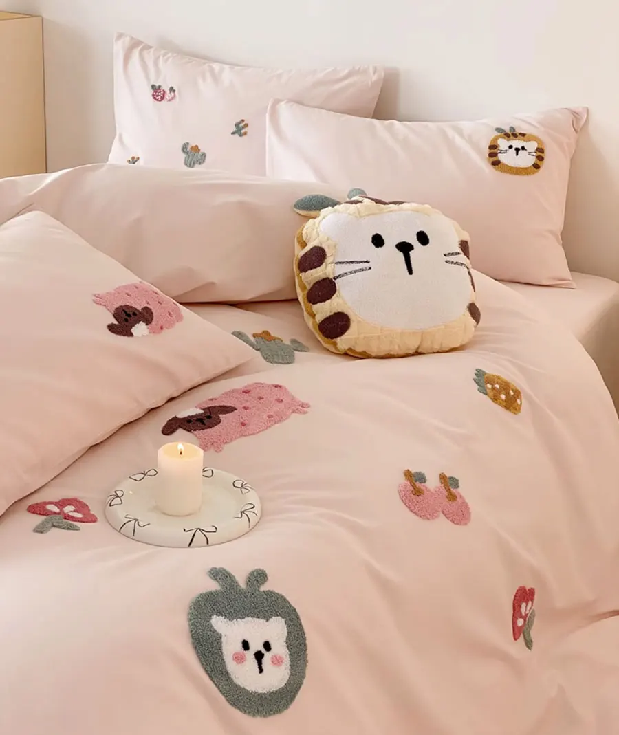 Cute cartoon embroidery pink green bedding set teen double,full queen king cotton home textile bed sheet pillow case quilt cover