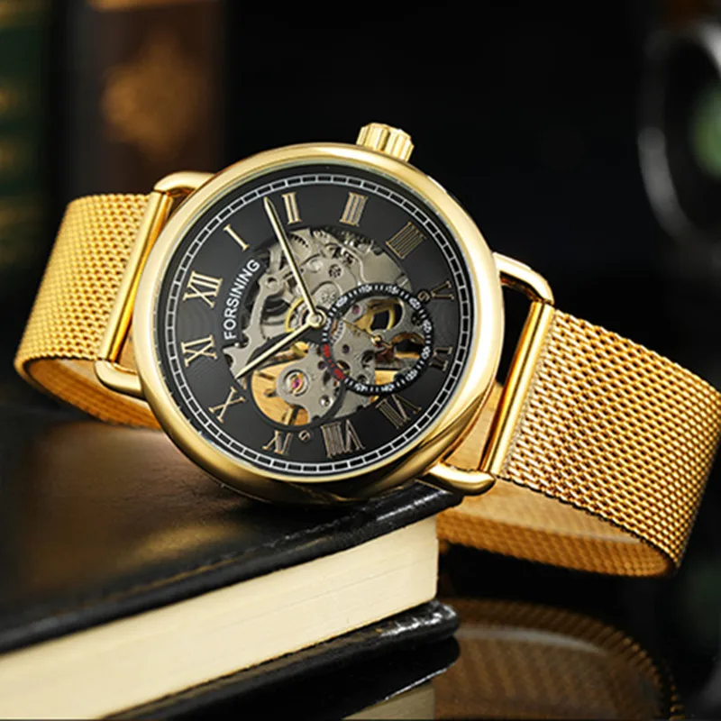 Forsining 275 Transparant Gouden Luxe Casual Design Mesh Band Heren Horloges Topmerk Hand Mechanisch Skelethorloge