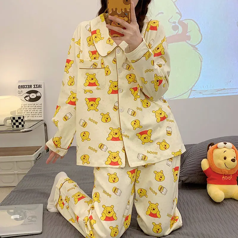 Disney Winnie The Pooh Bear Cute Pajamas Women Spring Autumn Long Sleeve Sleepwear Fashion Kawaii Loose Cartoon Home Clothes Y2k