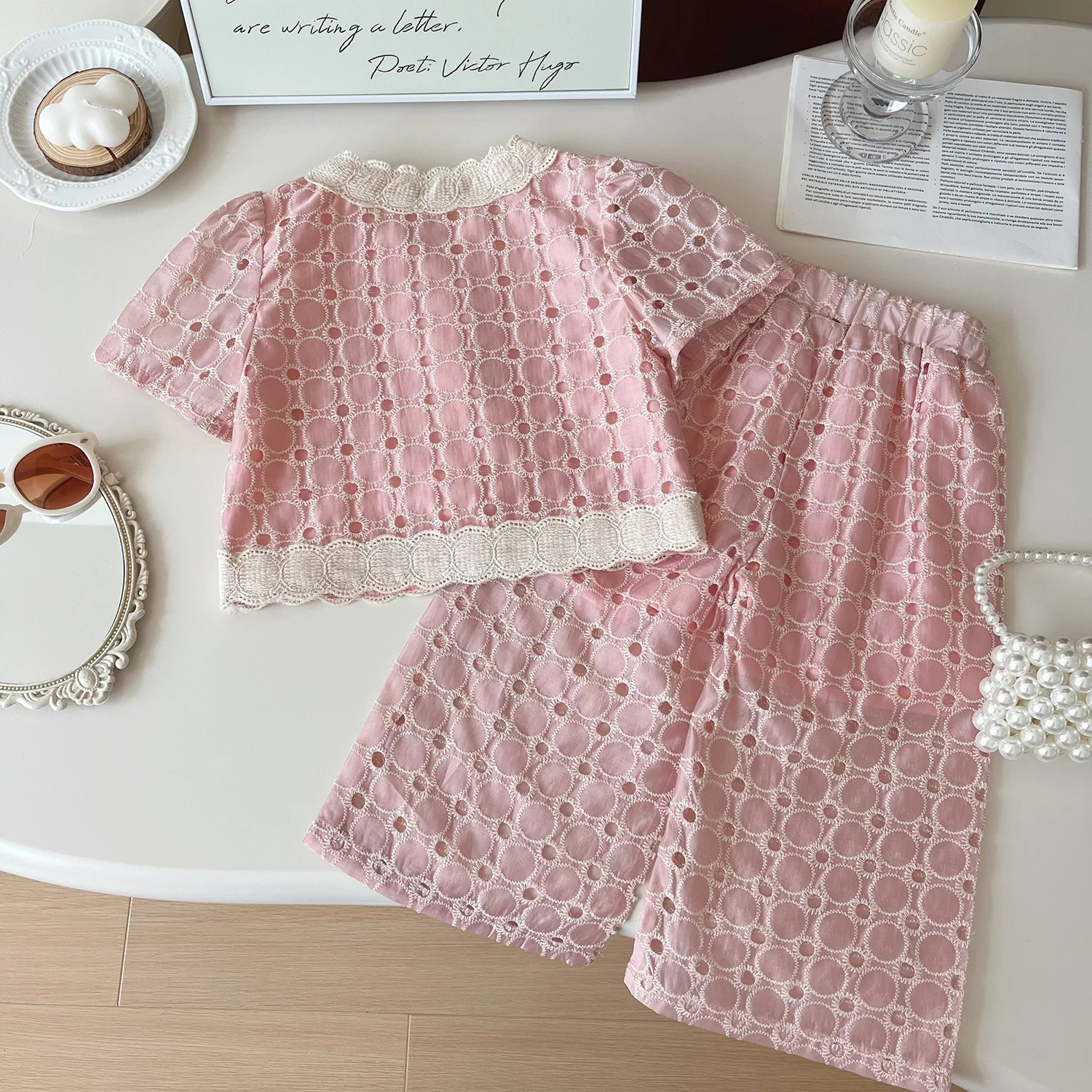 2024 summer new Korean version  girls casual refreshing shorts with trousers short-sleeved cardigan three-piece set 90-140cm