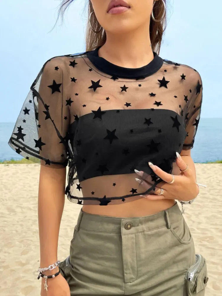 Summer Outfits Star Print Drop Shoulder Crop Mesh Top Without Camisole