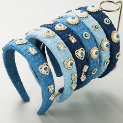 Hairpin Vintage Denim Fabric Personalized Devil's Eye Headband Women's Alloy Heart Diamonds Pearl Hair Accessories Hairpin