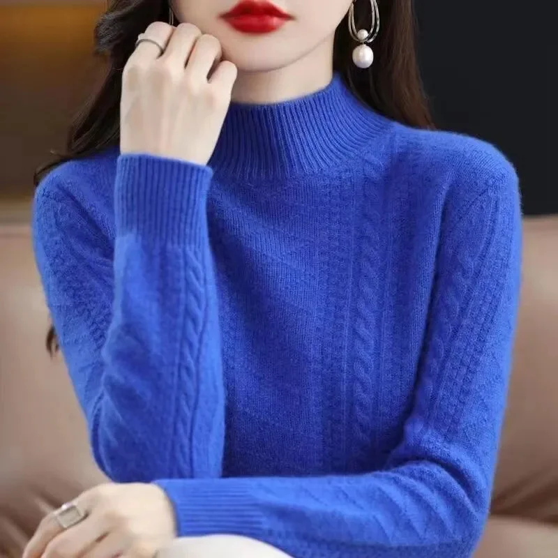 

Women Sweater Long Sleeve Mock Neck Warm Winter Basic Knitted Pullovers Solid Loose Knitwear Casual Korean Fashion Jumper