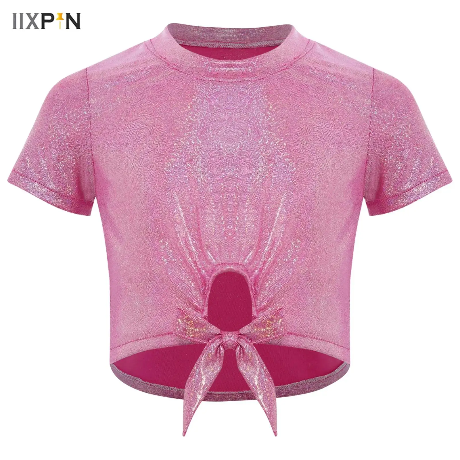 

Kids Girls Cheerleading Jazz Dance Performance Tops Tees Lace-Up Cutout Hem Metallic Crop Top Round Neck Short Sleeves T-shirt