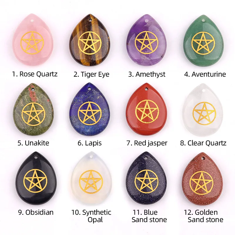 10pcs/lot Pentagram Symbol Natural Stone Pendant Crystal Teardrop Witchy Charm for Necklace Healing Gems Jewelry Making Supplies