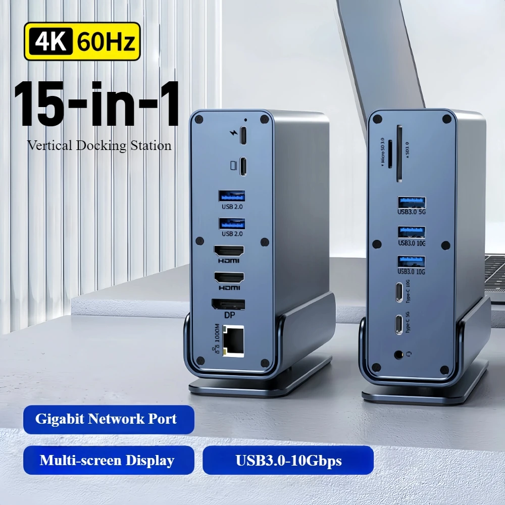 15 in 1 USB-C Docking Station 4K HD Vertical Hub with Triple Monitor RJ45 1000M USB 3.0/2.0 PD 3.0 SD/TF Audio 3.5 for Mac Pro