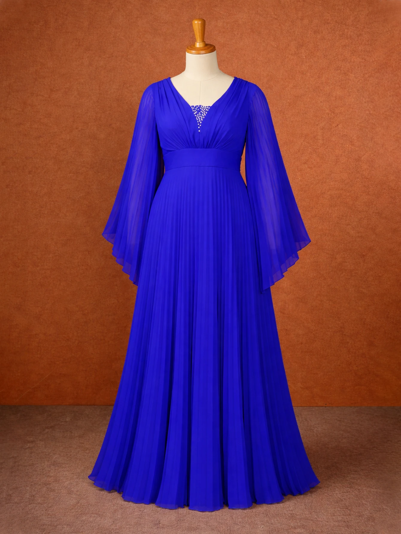 Blue Flowy Luxury Pleated Chiffon Prom Dress V Neck Beading Batwing Sleeves Elegant Women Party Wedding Guest Ceremony Outfits