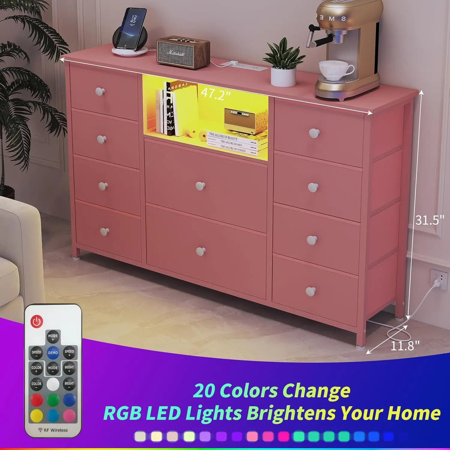 Cômoda com estação de carregamento e luzes LED, cômoda rosa para quarto de meninas, cômoda longa para quarto, suporte de TV com 10 gavetas