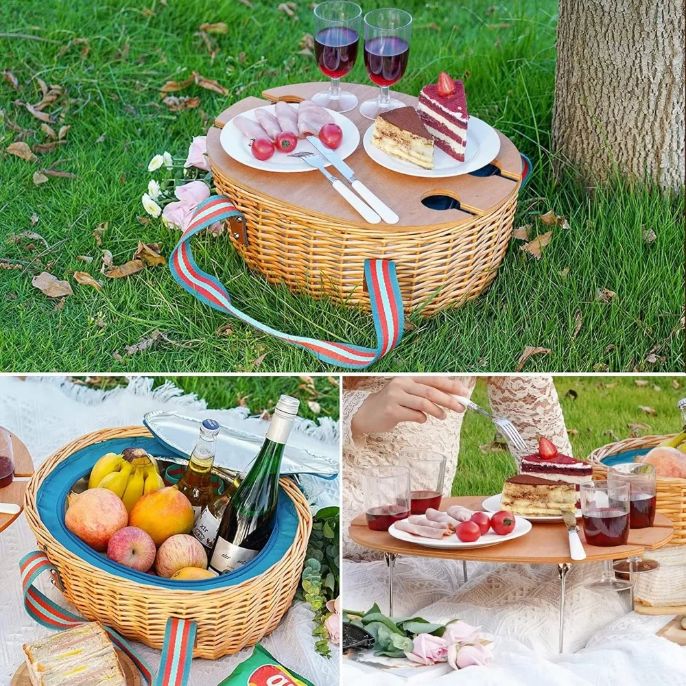 Picnic Basket for 4 - Wicker Basket Set with Wine Table | Handmade Willow Basket with Insulated Cooler Bag