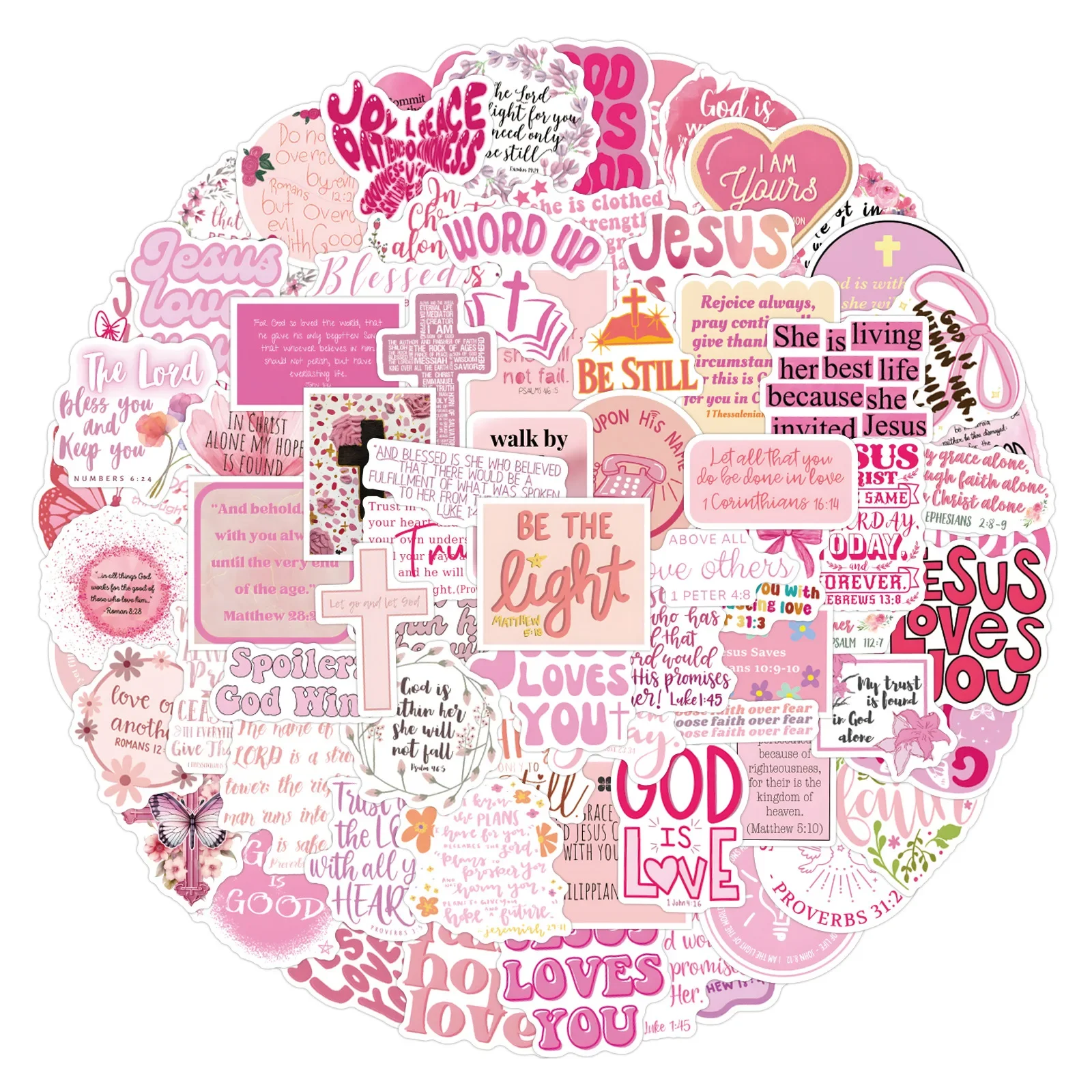 110PCS Rosa Bibel Christian Aufkleber Cartoon Jesus Liebt Dich Aufkleber Für Laptop Telefon Gitarre Tasse Wasserdichte Aufkleber Kind Spielzeug